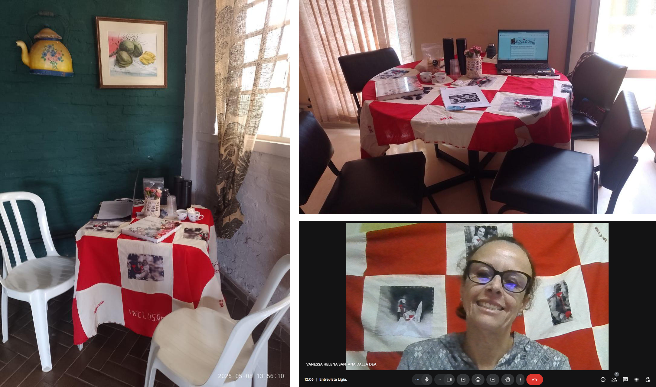Três fotos. A primeira, ao fundo, mostra um
quadro de frutas e enfeite, à frente, duas cadeiras brancas ao redor de
uma pequena mesa quadrada, com colcha de retalhos branca e vermelha com
fotos de mães. Sobre a mesa, há um vaso com flores de crochê, um livro,
uma garrafa, xícaras e papéis. A segunda foto, ao fundo, tem uma parede
e cortina bege; quatro cadeiras pretas ao redor de uma mesa grande
redonda, com colcha de retalhos branca e vermelha com fotos de mães.
Sobre a mesa, há um vaso com flores de crochê, um livro, uma garrafa,
xícaras, papéis e um computador. A terceira foto é um print de tela de
computador, com uma mulher branca, de óculos, sorridente, com blusa
quadriculada; atrás dela, há uma colcha de retalhos branca e vermelha
com fotos de mães.