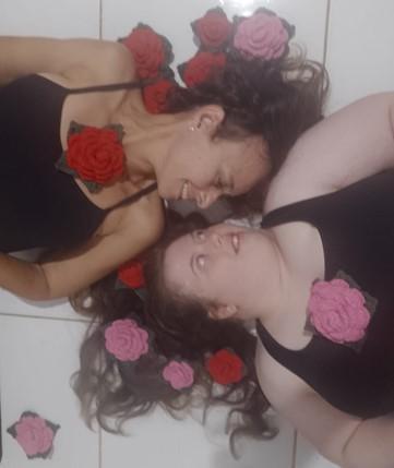 Foto de duas mulheres deitadas em posições
contrárias, com a cabeça voltada para o centro do cartaz. Elas se olham
seriamente, com os braços ao lado do corpo. Ambas usam top preto e, sob
seus cabelos, sobre o peito e ao lado do corpo, rosas vermelhas e rosas
de crochê. A mulher branca, de 53 anos, mãe, magra, deitada com cabeça
voltada para a esquerda, tem cabelo avermelhado na altura dos ombros e
olhos castanhos. A outra mulher é muito branca, de 21 anos, corpo
volumoso, com T21, cabelos muito longos e castanhos claros, e olhos
azuis.
