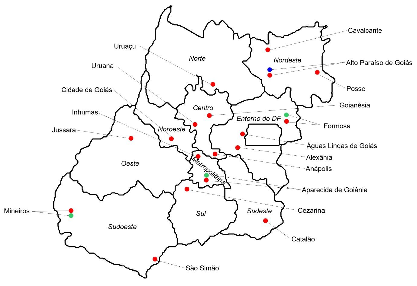 Mapa de Goiás, por região geográfica, com a distribuição dos polos de cursos a distância de licenciatura em Ciências Biológicas em Goiás da UEG, UFG e UnB.
