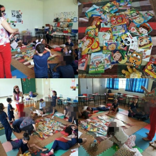 Audiodescrição (AD): imagem composta pelo mix de 4 imagens, da esquerda para direita de cima para baixo temos: 1 imagem mostra a pesquisadora em pé com livros em mãos, a turma sentada e uma criança em pé mais próxima a ela. 2 imagem dos livros dispostos no tapete. 3 imagem mostra a turma acompanhando a apresentação dos livros pela pesquisadora enquanto a professora permanece organizando os livros já mostrados. 4 imagem mostra de outro ângulo a atividade sendo realizada.