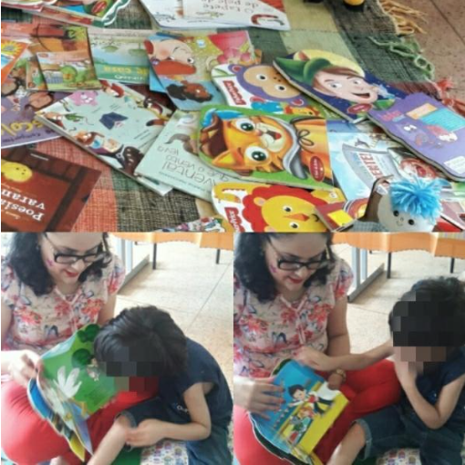 Audiodescrição (AD): imagem composta pelo mix de 3 imagens, da esquerda para direita de cima para baixo temos: 1 imagem ocupa toda parte superior da imagem e mostra a capa dos livros. 2 pesquisadora sentada lendo o livro para a criança com TGD, mostrando as imagens para ele, o qale interage apontado as mesmas e virando as páginas. 3 imagem repete a cena anterior com o aluno observando o livro e virando a página.
          