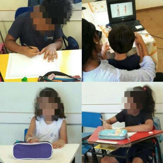 Audiodescrição (AD): imagem composta pelo mix de 4 imagens, da esquerda para direita de cima para baixo temos: 1 imagem mostra outro aluno realizando seu desenho. 2 imagem mostra a monitora de costas com o aluno com TGD no colo realizando seu desenho em frente ao notebook no qual passa um vídeo musical. 3 imagem mostra mais uma aluna realizando seu desenho. 4 imagem mostra outra aluna desenhando enquanto cantam.