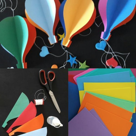 Audiodescrição (AD): imagem composta pelo mix de 3 imagens, da esquerda para direita de cima para baixo temos: 1 imagem mostra os balões de papel prontos. 2 imagem mostra os materiais utilizados para a confecção dos balões. 3 imagem mostra E.V.A.s de diferentes cores que foram utilizados para a confecção dos balões para decoração da sala.