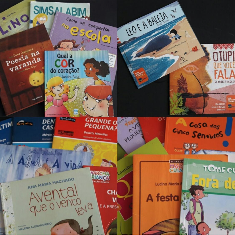 Audiodescrição (AD): imagem composta pelo mix de 4 imagens, da esquerda para direita de cima para baixo temos: ambas imagens contendo capas de livros sobrepostas umas sobre às outras. Entre eles: Poesia na varanda, de Sônia Junqueira, Qual a cor do coração, de Sandra Rosa, O avental que o vento, leva de Ana Maria Machado, entre outros títulos de diferentes autores.