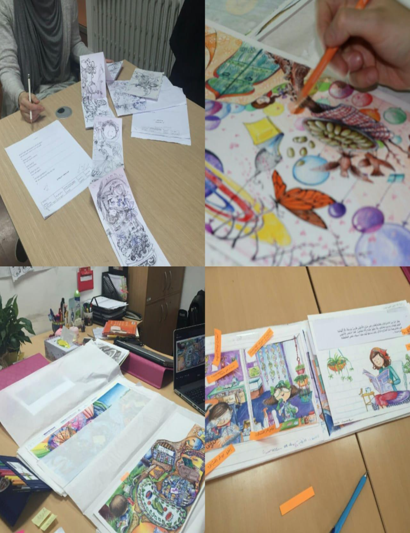 Audiodescrição (AD): Imagem composta pelo mix de 4 imagens, da esquerda para direita de cima para baixo temos: 1 Duas pessoas em torno de uma mesa, uma delas com um lápis na mão, o roteiro do livro sobre a mesa e as ilustrações em sequência. 2 Uma mão com lápis colorindo uma ilustração do livro. 3 Mesa de trabalho com diversos objetos e em evidência as ilustrações sobrepostas uma sobre a outra intercaladas com papel manteiga para separá-las. 4 Protótipo do livro sobre a mesa com algumas observações escritas em post-its colados.